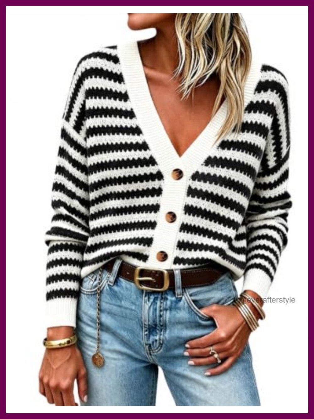 Striped Crochet Knit Long Sleeve V-Neck Button Down Cardigan